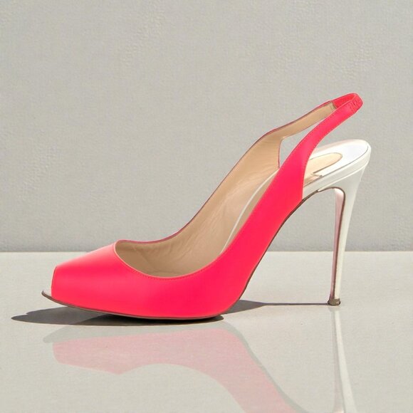 CHRISTIAN LOUBOUTIN Neon Pink White Slingback Heels Size 37 / US 7 - Picture 2 of 10